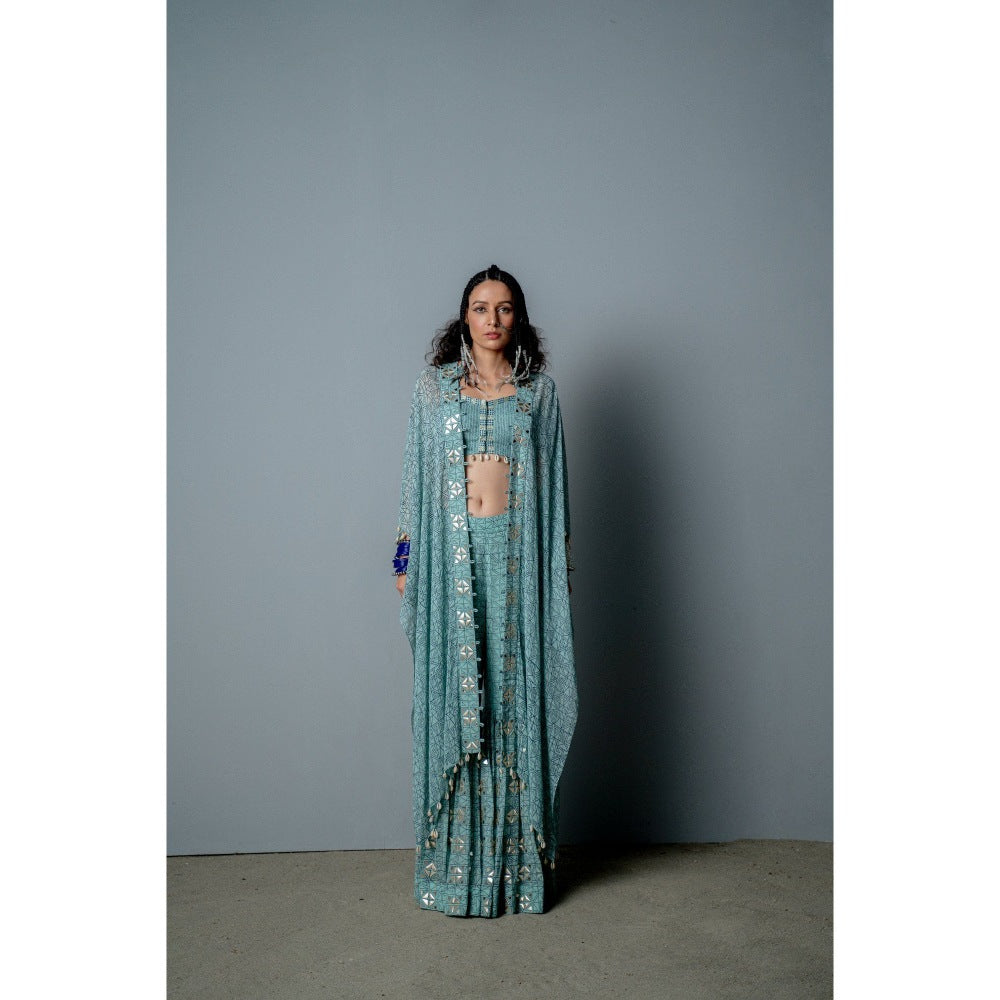 POOJA RAJGARHIA GUPTA Aqua Mosaic Sharara with Top and Cape (Set of 3)