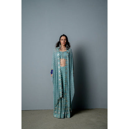 POOJA RAJGARHIA GUPTA Aqua Mosaic Sharara with Top and Cape (Set of 3)