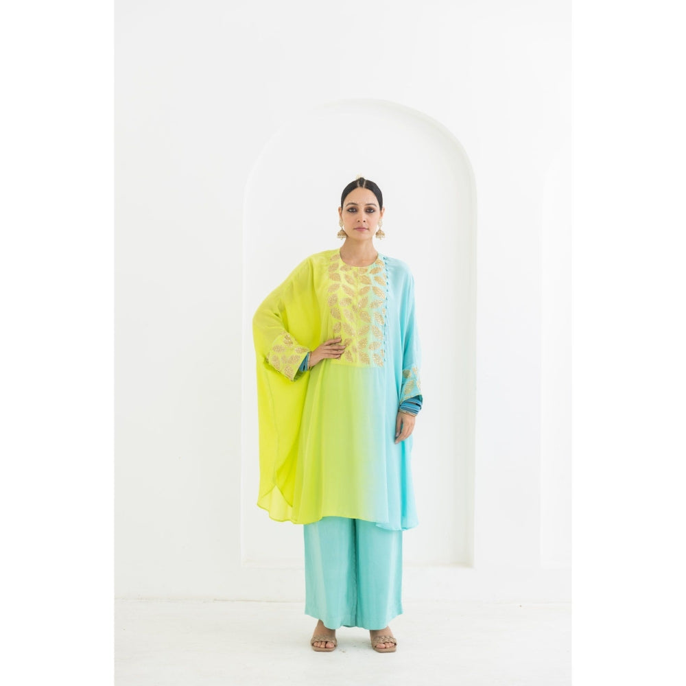 POOJA RAJGARHIA GUPTA Lime to Aqua Mogra Cuffed Kaftan with Pants (Set of 2)