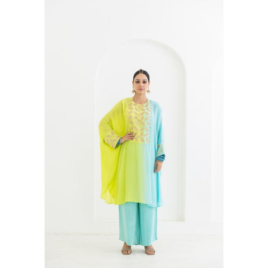 POOJA RAJGARHIA GUPTA Lime to Aqua Mogra Cuffed Kaftan with Pants (Set of 2)