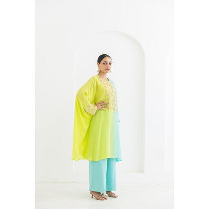 POOJA RAJGARHIA GUPTA Lime to Aqua Mogra Cuffed Kaftan with Pants (Set of 2)