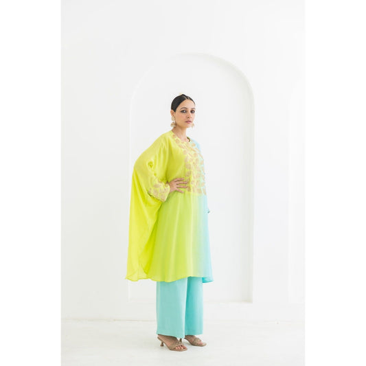 POOJA RAJGARHIA GUPTA Lime to Aqua Mogra Cuffed Kaftan with Pants (Set of 2)