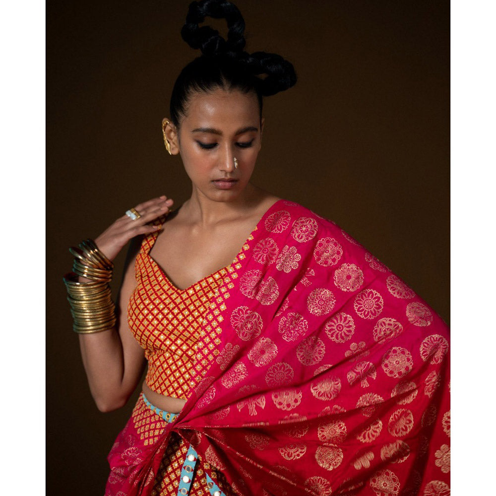 POOJA RAJGARHIA GUPTA Chakra Phool Saree Red and Pink with Stitched Blouse