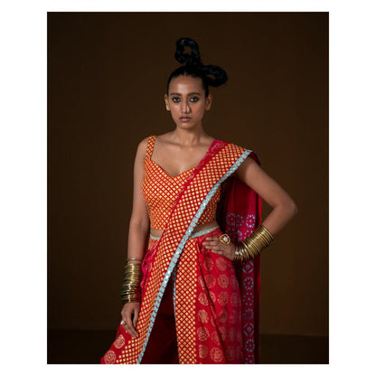 POOJA RAJGARHIA GUPTA Chakra Phool Saree Red and Pink with Stitched Blouse