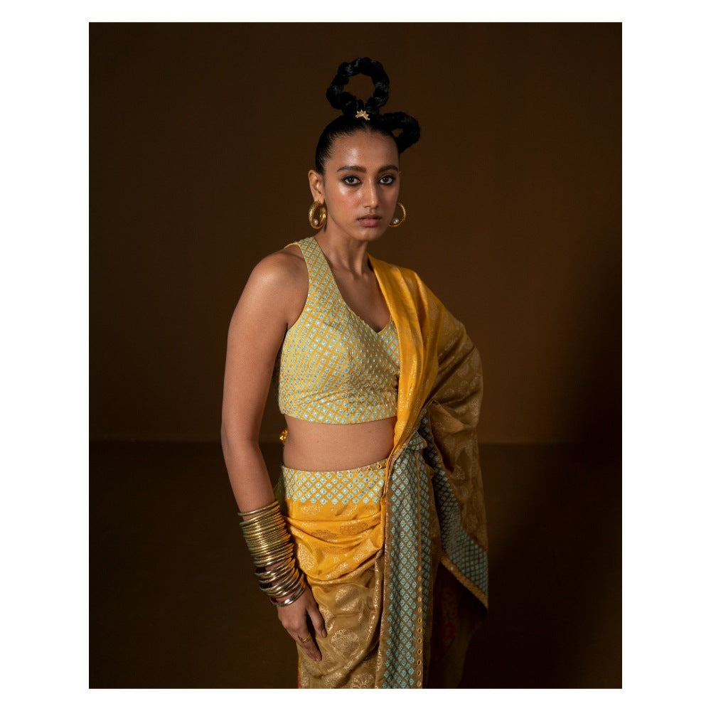 POOJA RAJGARHIA GUPTA Chakra Phool Saree Yellow with Stitched Blouse