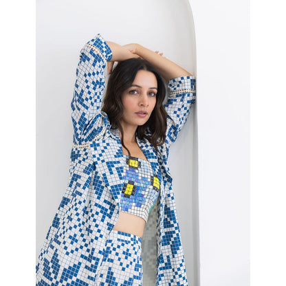 POOJA RAJGARHIA GUPTA Blue Matrix Jacket With Bustier And Pant (Set of 3)