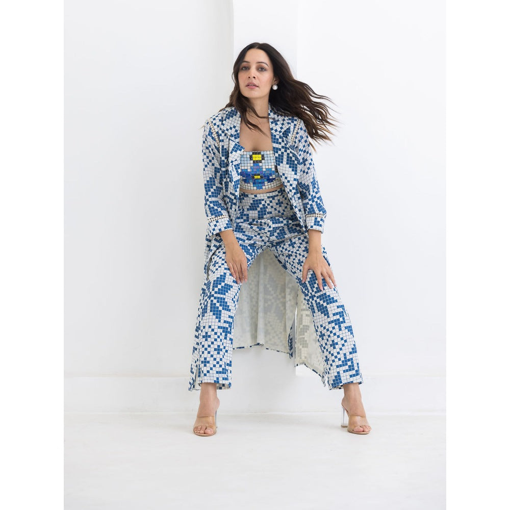 POOJA RAJGARHIA GUPTA Blue Matrix Jacket With Bustier And Pant (Set of 3)