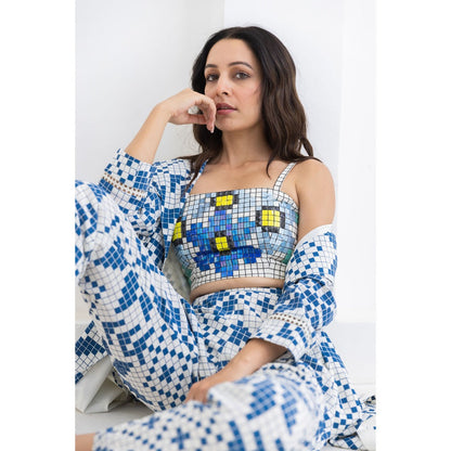 POOJA RAJGARHIA GUPTA Blue Matrix Jacket With Bustier And Pant (Set of 3)