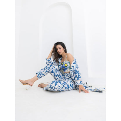 POOJA RAJGARHIA GUPTA Blue Matrix Jacket With Bustier And Pant (Set of 3)