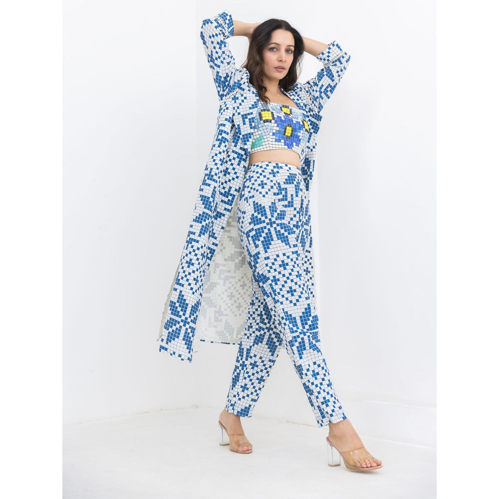 POOJA RAJGARHIA GUPTA Blue Matrix Jacket With Bustier And Pant (Set of 3)