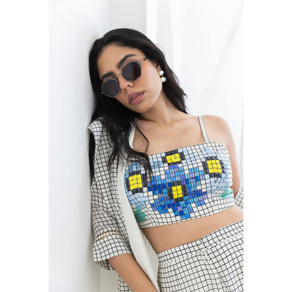 POOJA RAJGARHIA GUPTA White Grid Jacket With Bustier And Pant (Set of 3)