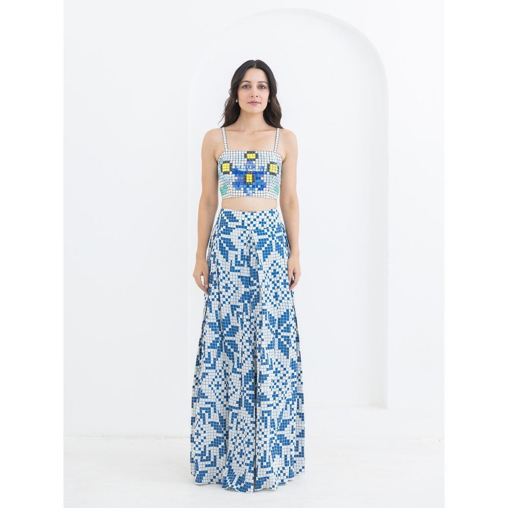 POOJA RAJGARHIA GUPTA Blue Matrix Bustier With Flared Pant (Set of 2)