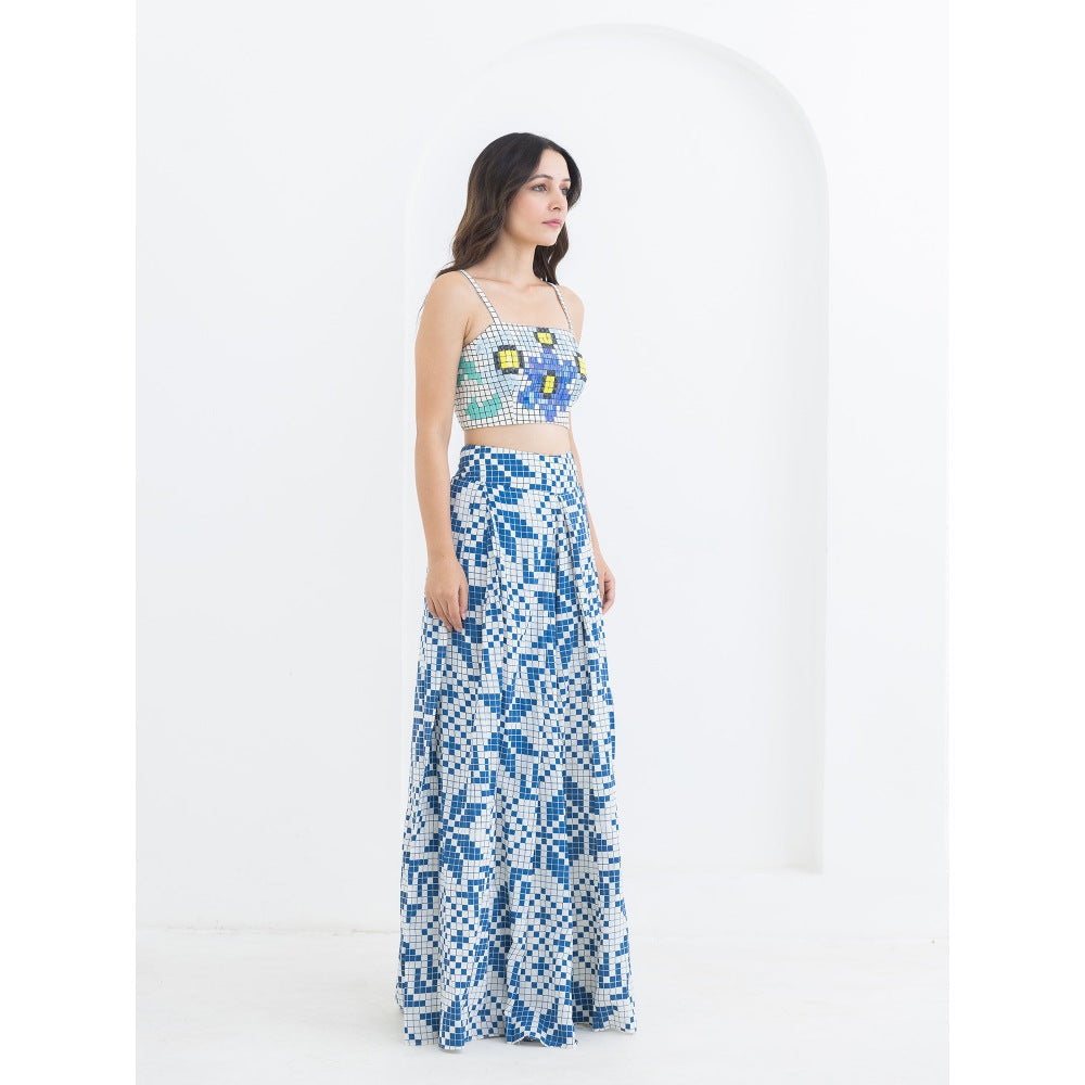 POOJA RAJGARHIA GUPTA Blue Matrix Bustier With Flared Pant (Set of 2)