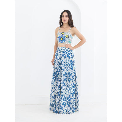POOJA RAJGARHIA GUPTA Blue Matrix Bustier With Flared Pant (Set of 2)