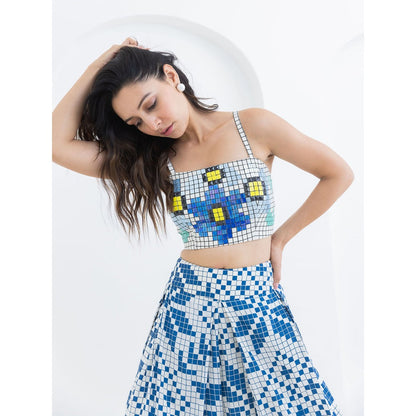 POOJA RAJGARHIA GUPTA Blue Matrix Bustier With Flared Pant (Set of 2)