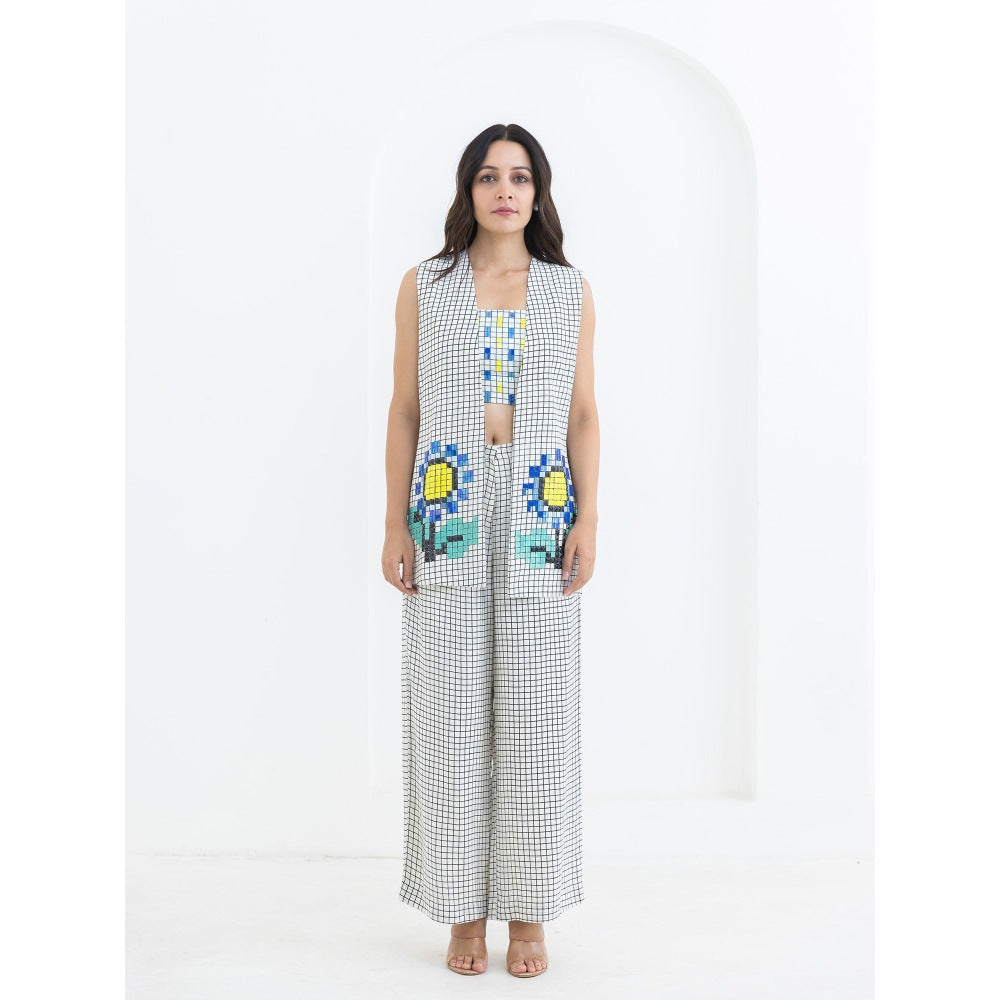 POOJA RAJGARHIA GUPTA White Grid Sunflower Jacket With Bustier And Pant (Set of 3)