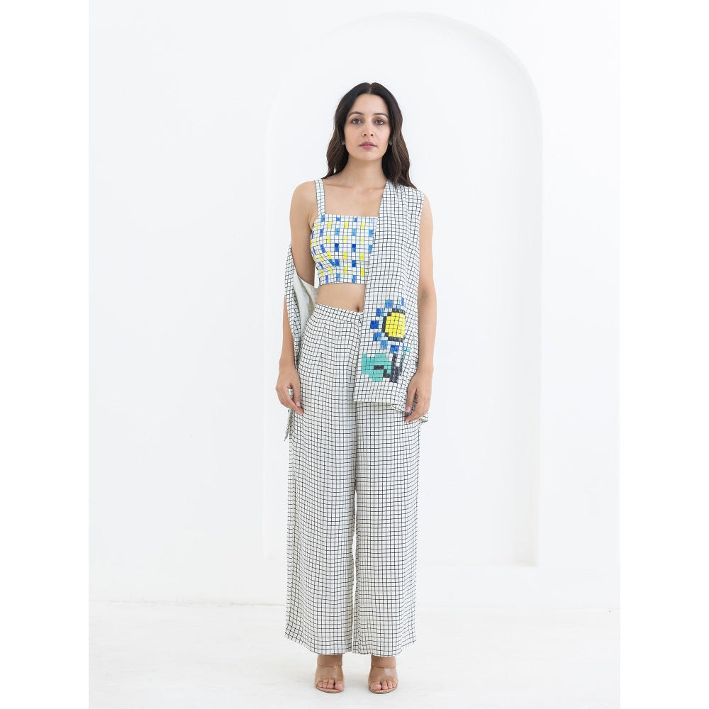 POOJA RAJGARHIA GUPTA White Grid Sunflower Jacket With Bustier And Pant (Set of 3)