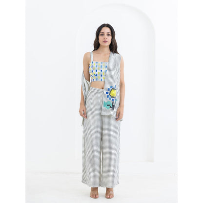 POOJA RAJGARHIA GUPTA White Grid Sunflower Jacket With Bustier And Pant (Set of 3)