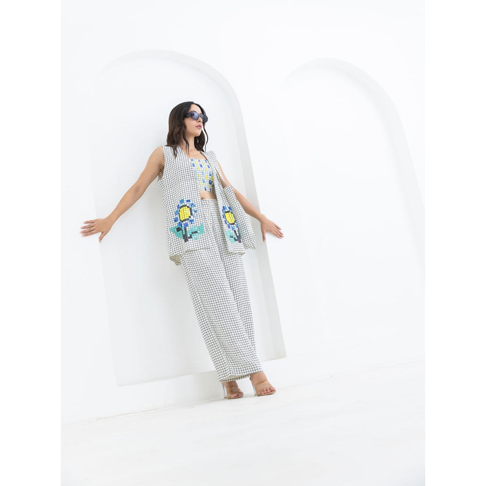 POOJA RAJGARHIA GUPTA White Grid Sunflower Jacket With Bustier And Pant (Set of 3)