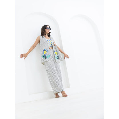 POOJA RAJGARHIA GUPTA White Grid Sunflower Jacket With Bustier And Pant (Set of 3)