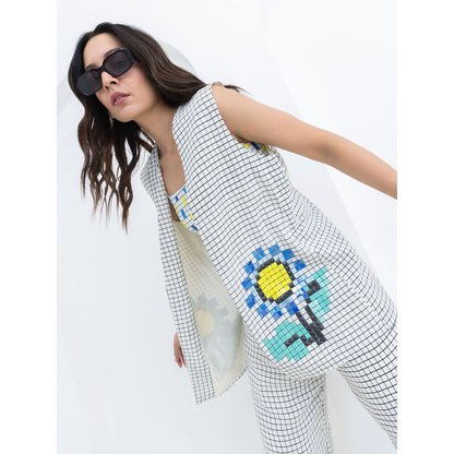 POOJA RAJGARHIA GUPTA White Grid Sunflower Jacket With Bustier And Pant (Set of 3)