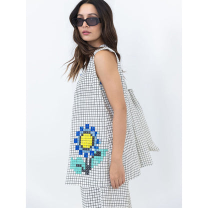 POOJA RAJGARHIA GUPTA White Grid Sunflower Jacket With Bustier And Pant (Set of 3)