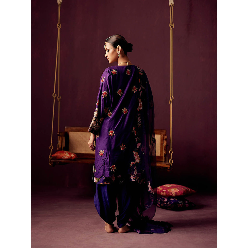Pooja Singhal Purple Embroidered Chanderi Kurta With Dhoti Pant & Organza Dupatta (Set of 3)