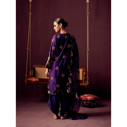 Pooja Singhal Purple Embroidered Chanderi Kurta With Dhoti Pant & Organza Dupatta (Set of 3)