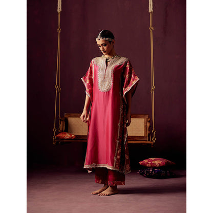 Pooja Singhal Red Kaftan With Our Signature Print & Gota And Pant (Set of 2)