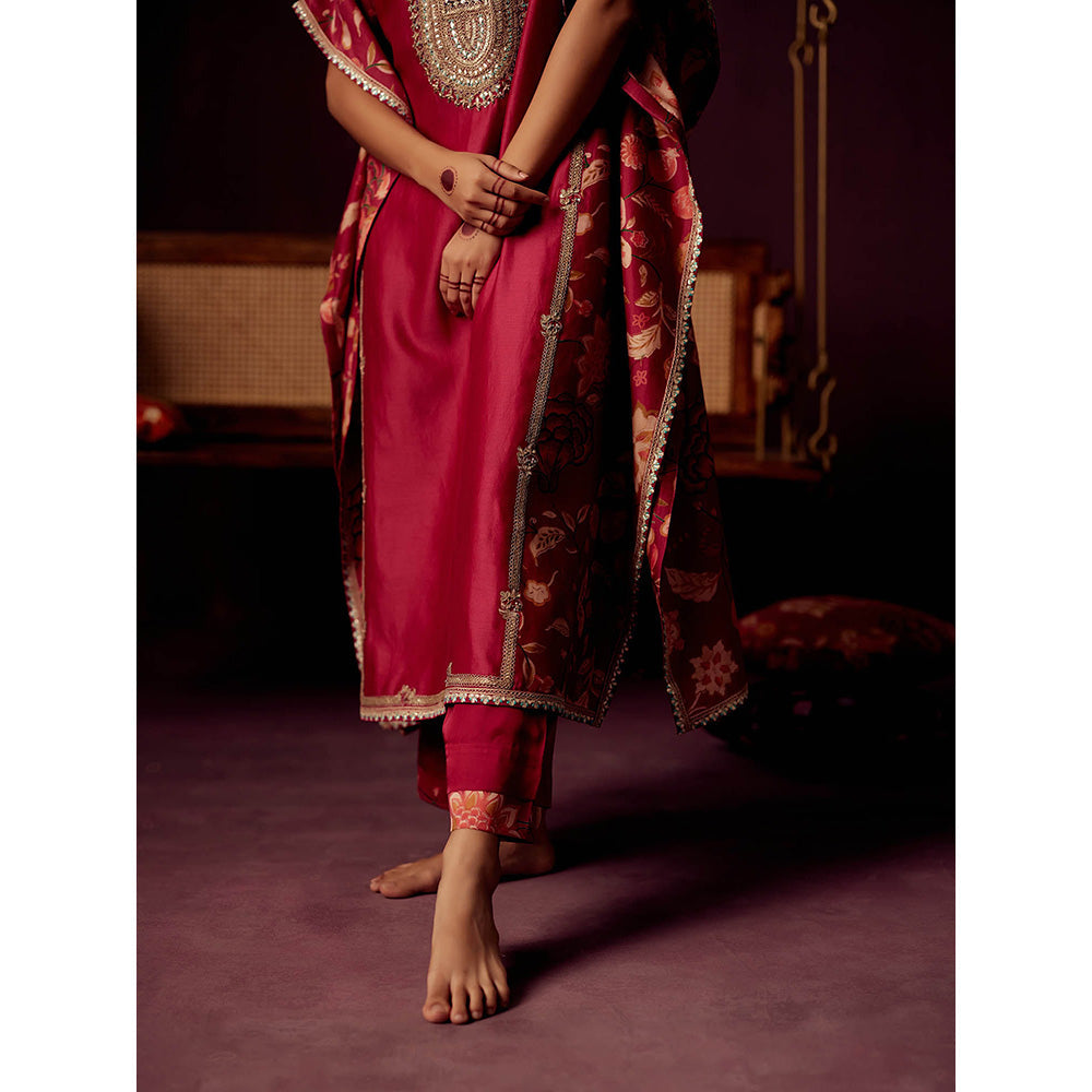 Pooja Singhal Red Kaftan With Our Signature Print & Gota And Pant (Set of 2)