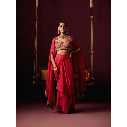 Pooja Singhal Embroidered Bustier With Drape Silk Skirt & Cape With & Back Pleating (Set of 3)