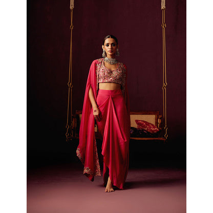 Pooja Singhal Embroidered Bustier With Drape Silk Skirt & Cape With & Back Pleating (Set of 3)