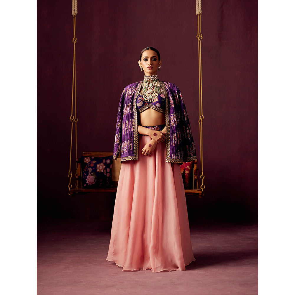 Pooja Singhal Pleated Print Jacket With Bustier And Contrast Organza Skirt (Set of 3)