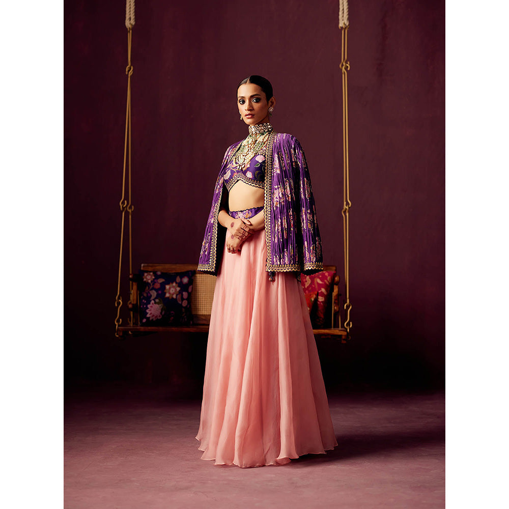 Pooja Singhal Pleated Print Jacket With Bustier And Contrast Organza Skirt (Set of 3)
