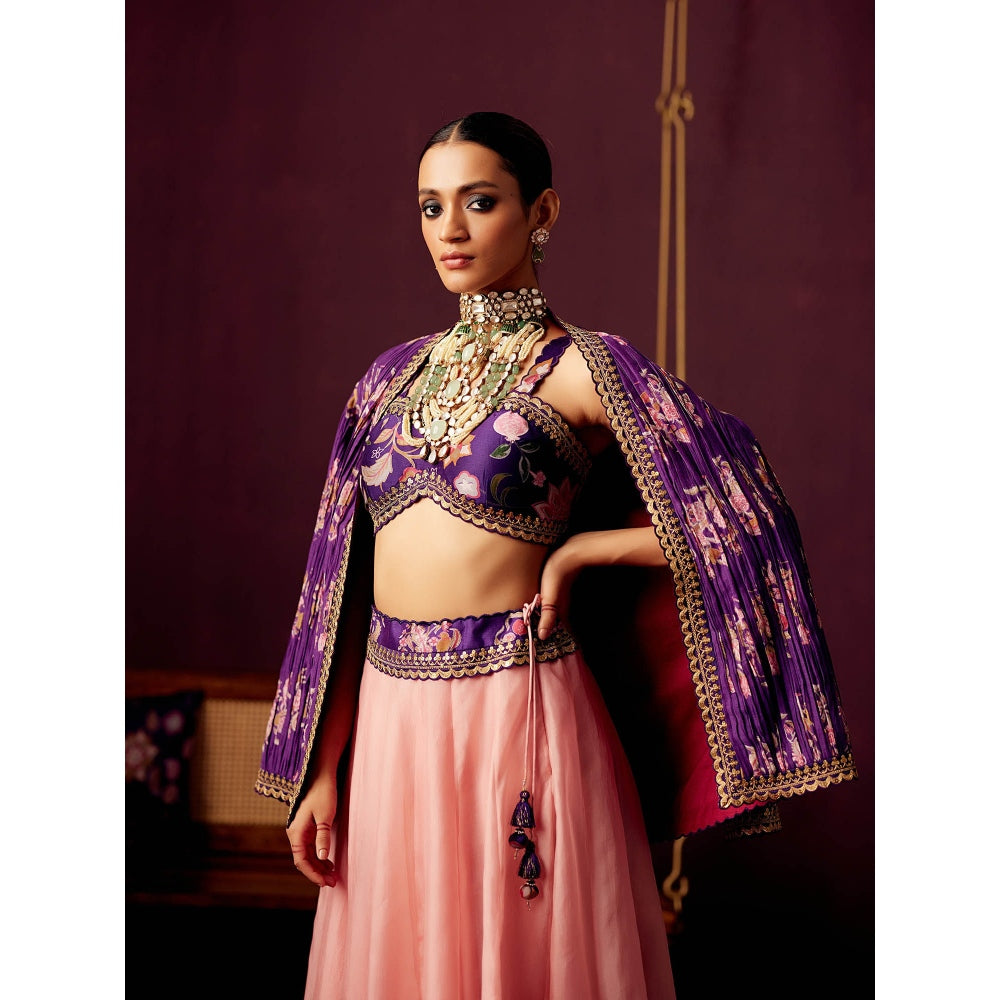 Pooja Singhal Pleated Print Jacket With Bustier And Contrast Organza Skirt (Set of 3)