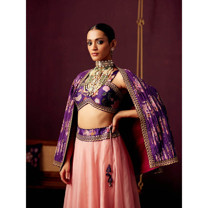 Pooja Singhal Pleated Print Jacket With Bustier And Contrast Organza Skirt (Set of 3)