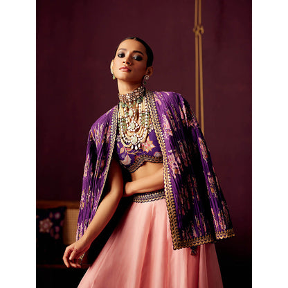 Pooja Singhal Pleated Print Jacket With Bustier And Contrast Organza Skirt (Set of 3)
