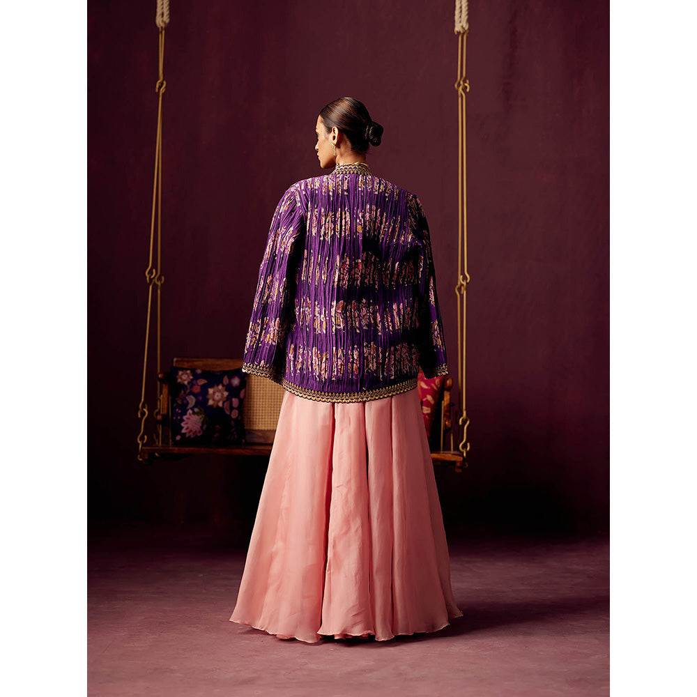 Pooja Singhal Pleated Print Jacket With Bustier And Contrast Organza Skirt (Set of 3)