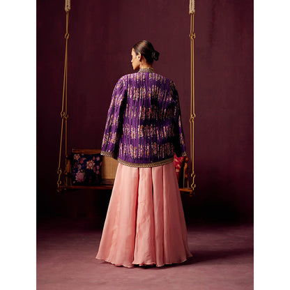 Pooja Singhal Pleated Print Jacket With Bustier And Contrast Organza Skirt (Set of 3)