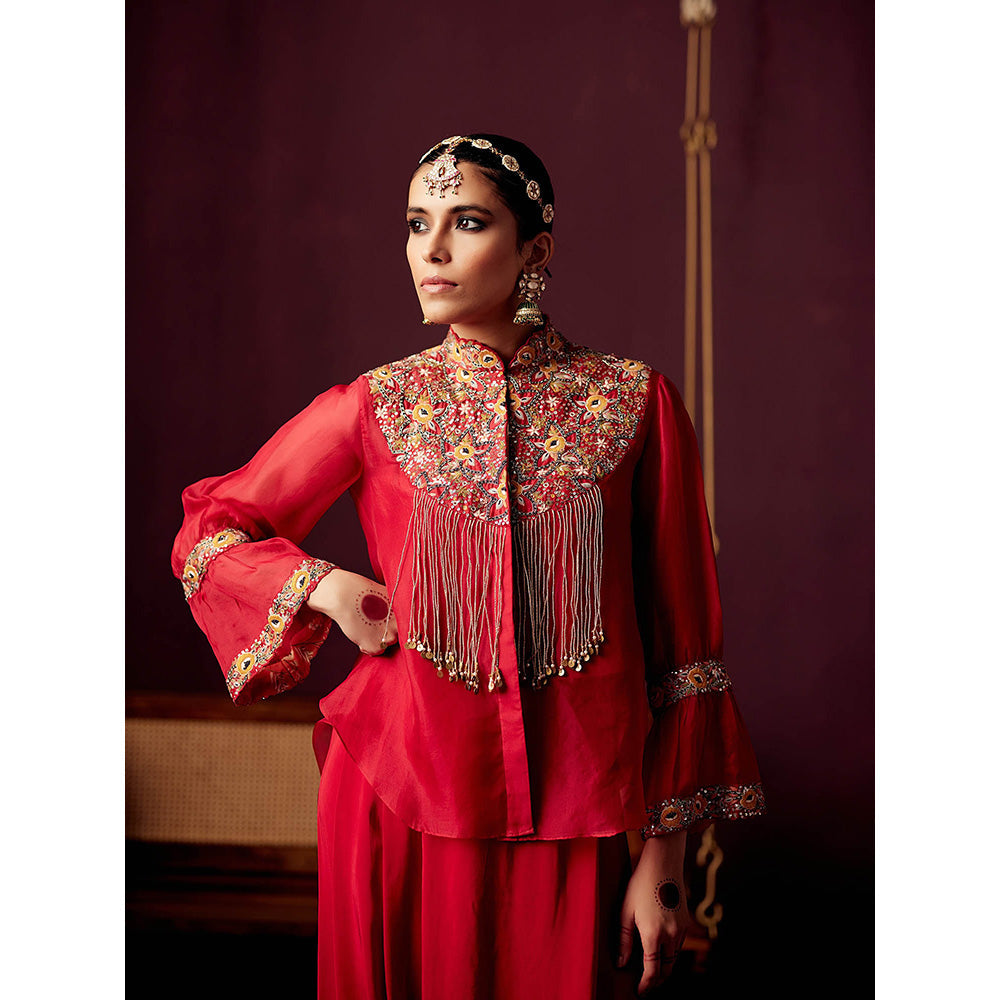 Pooja Singhal Organza Shirt With Yoke Inner And Dhoti Drape Pant (Set of 3)