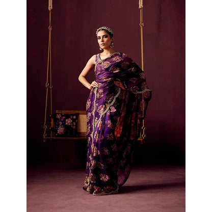 Pooja Singhal Print Organza Saree With Embroidered Stitched
