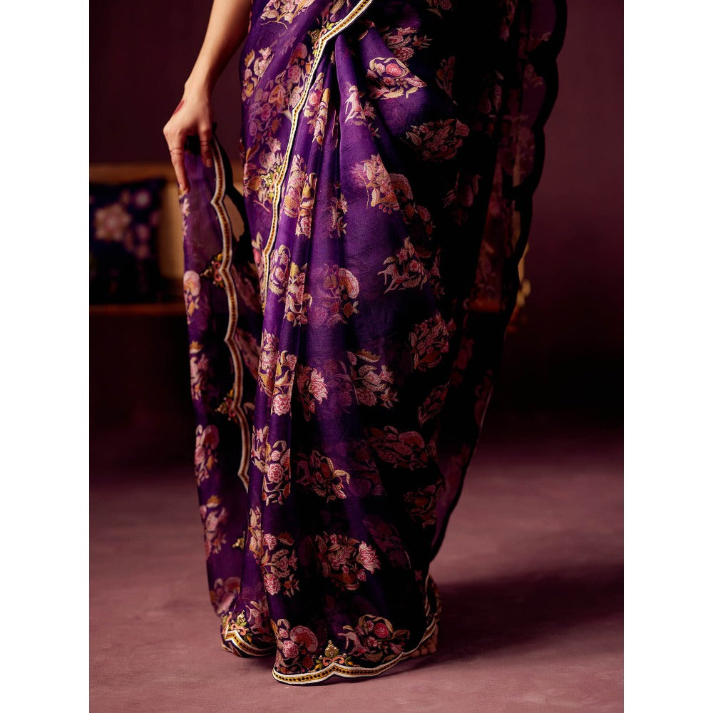 Pooja Singhal Print Organza Saree With Embroidered Stitched