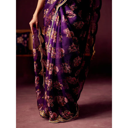 Pooja Singhal Print Organza Saree With Embroidered Stitched