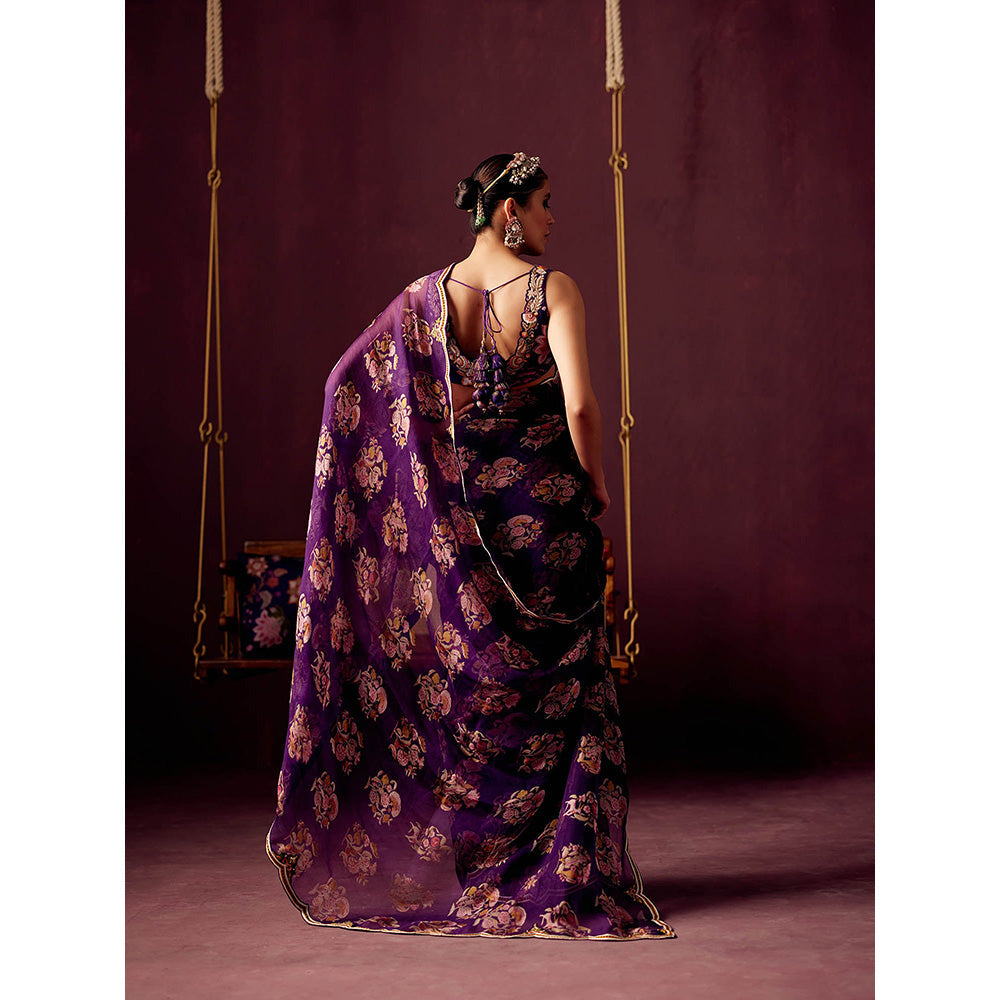 Pooja Singhal Print Organza Saree With Embroidered Stitched
