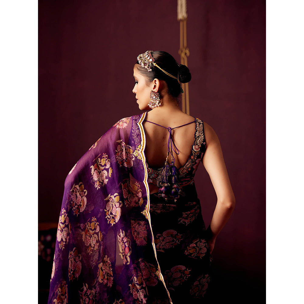 Pooja Singhal Print Organza Saree With Embroidered Stitched