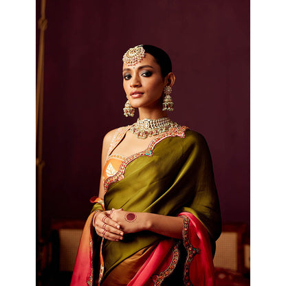 Pooja Singhal Ombre Satin Organza Saree With Embroidered Stitched