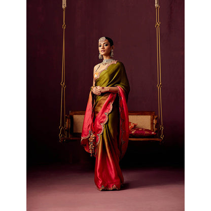 Pooja Singhal Ombre Satin Organza Saree With Embroidered Stitched