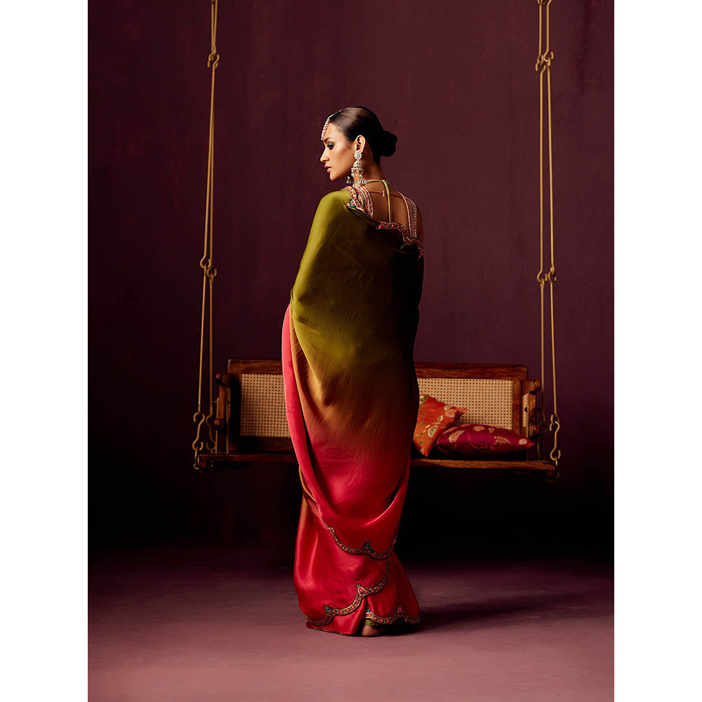 Pooja Singhal Ombre Satin Organza Saree With Embroidered Stitched