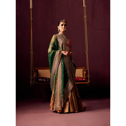 Pooja Singhal Tissue Lehenga With Blouse And Multicolor Organza Embroidered Dupatta (Set of 3)