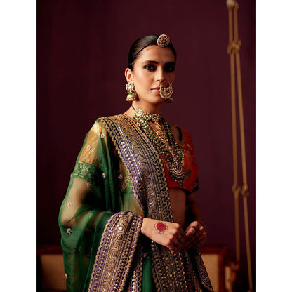 Pooja Singhal Tissue Lehenga With Blouse And Multicolor Organza Embroidered Dupatta (Set of 3)
